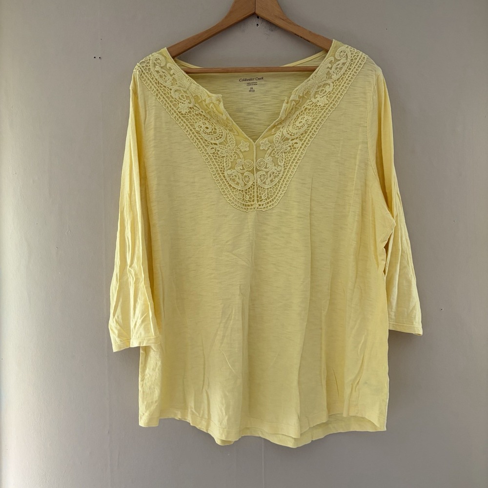 Coldwater Creek Womens Boho Top Size 2X Butter Yellow 3/4 Sleeve Cotton Mature